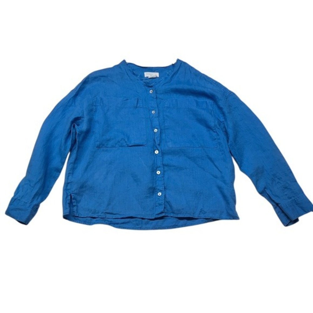 Cynthia Rowley Linen Top Womens Small Blue Long Sleeve‎ Button Up Frayed Pockets